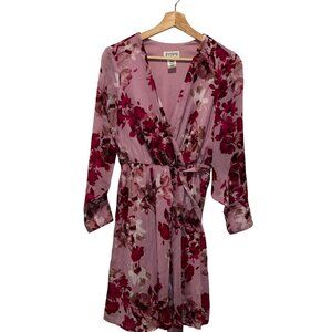 NWT En Focus Studio Pink & Burgundy Floral Wrap V Neck Women's Midi Dress Size 6